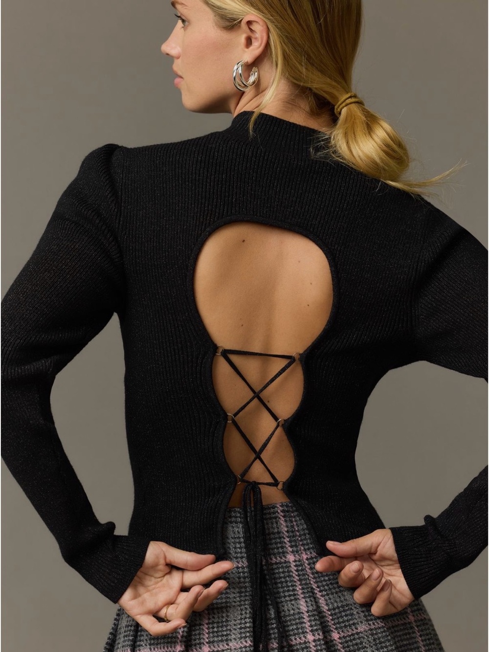 Anthropologie Mock-Neck Lace-Up Open Back Sweater Size L Black Metallic NWT